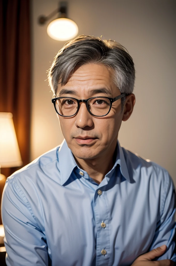 (studio lighting),(best qualtiy,high resolution:1.4),(Photorealistic,raw photo:1.2),(solo:1.2),(male:1.5),(asian:1.5),middle-aged man,(front view:1.3),(dark brown eyes:1.3),light smile,(handsome:1.3),modeled,((58 years old:1.5)),((gray hair:1.3)),(short hair:1.2),(dress shirt),(in the room, in a luxury hotel),(wearing glasses)