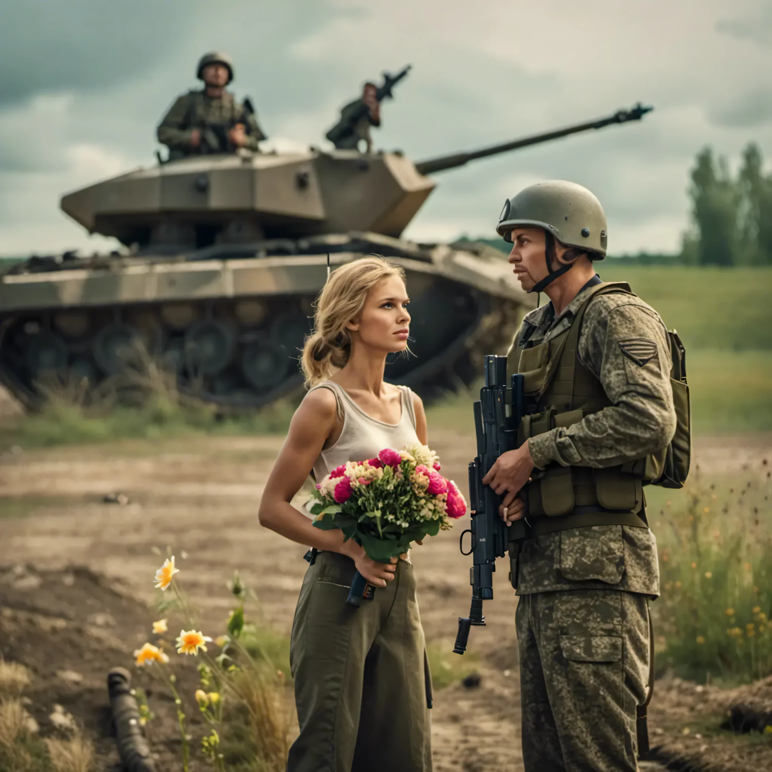A man and a woman stand in front of a tank, A shot from the movie, War movie scene, 8K movie stills, A scene from the movie, 4K movie stills, 4K movie stills, Stormy epic war scenes, Wedding of the apocalypse, 実写Still image from movie, movie Still image from movie, movie still 8k, # movie, Still image from movie