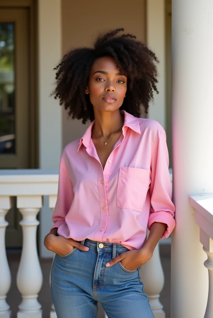 African beautiful lady wearing pink shirt and blue Jean, standing in a beautiful house balcony 