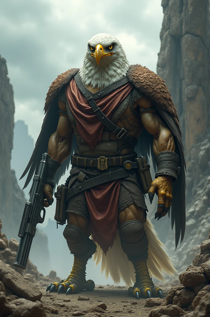 Create a humanoid eagle with clothes and holding a short-barreled shotgun in its hands(or claws).