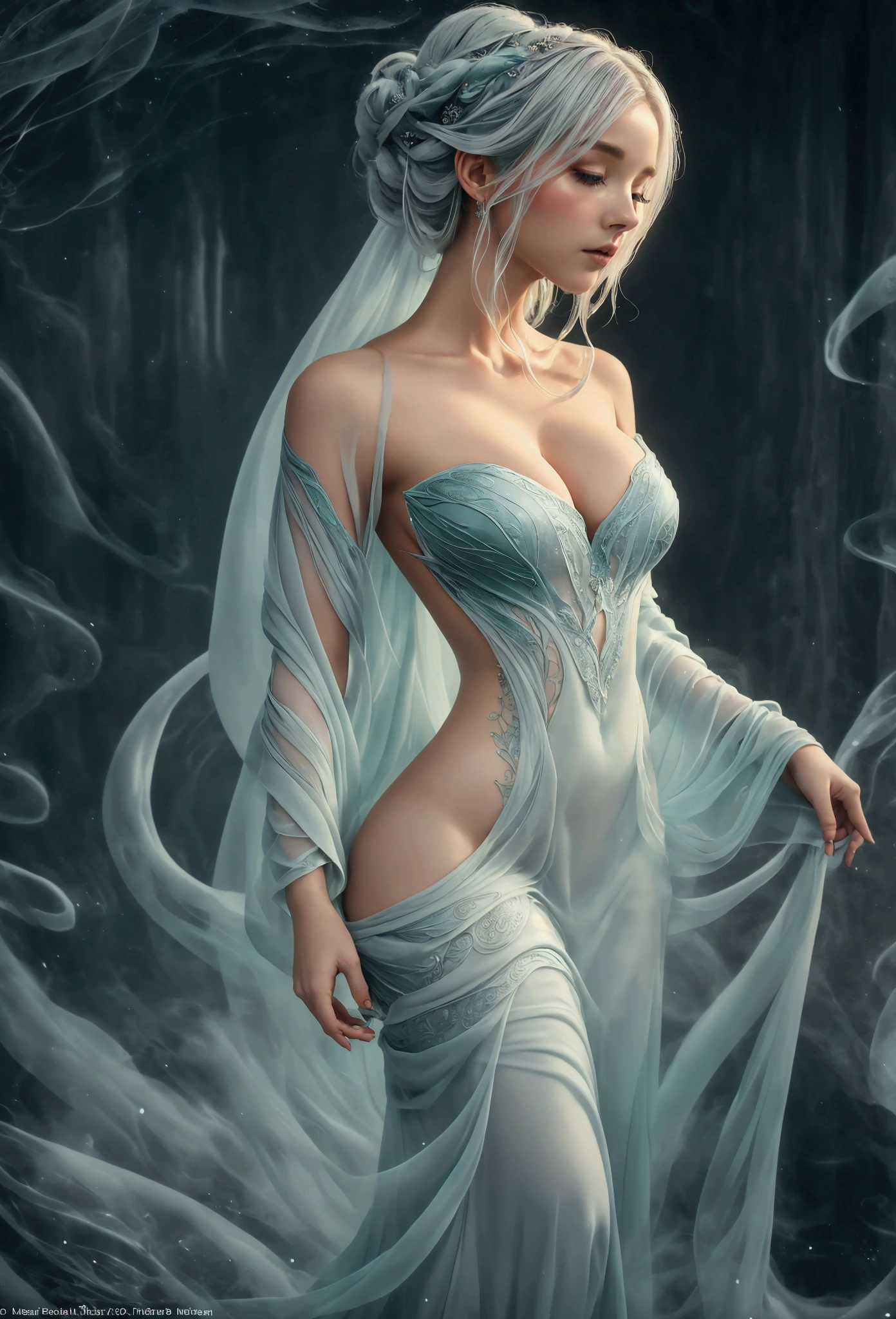 Ethereal Mist: Her outfit seems to be composed of swirling mists that shift colors in the dim light. The mist clings to her figure and flows around her, creating an illusion of sensuality and dreamlike fluidity.