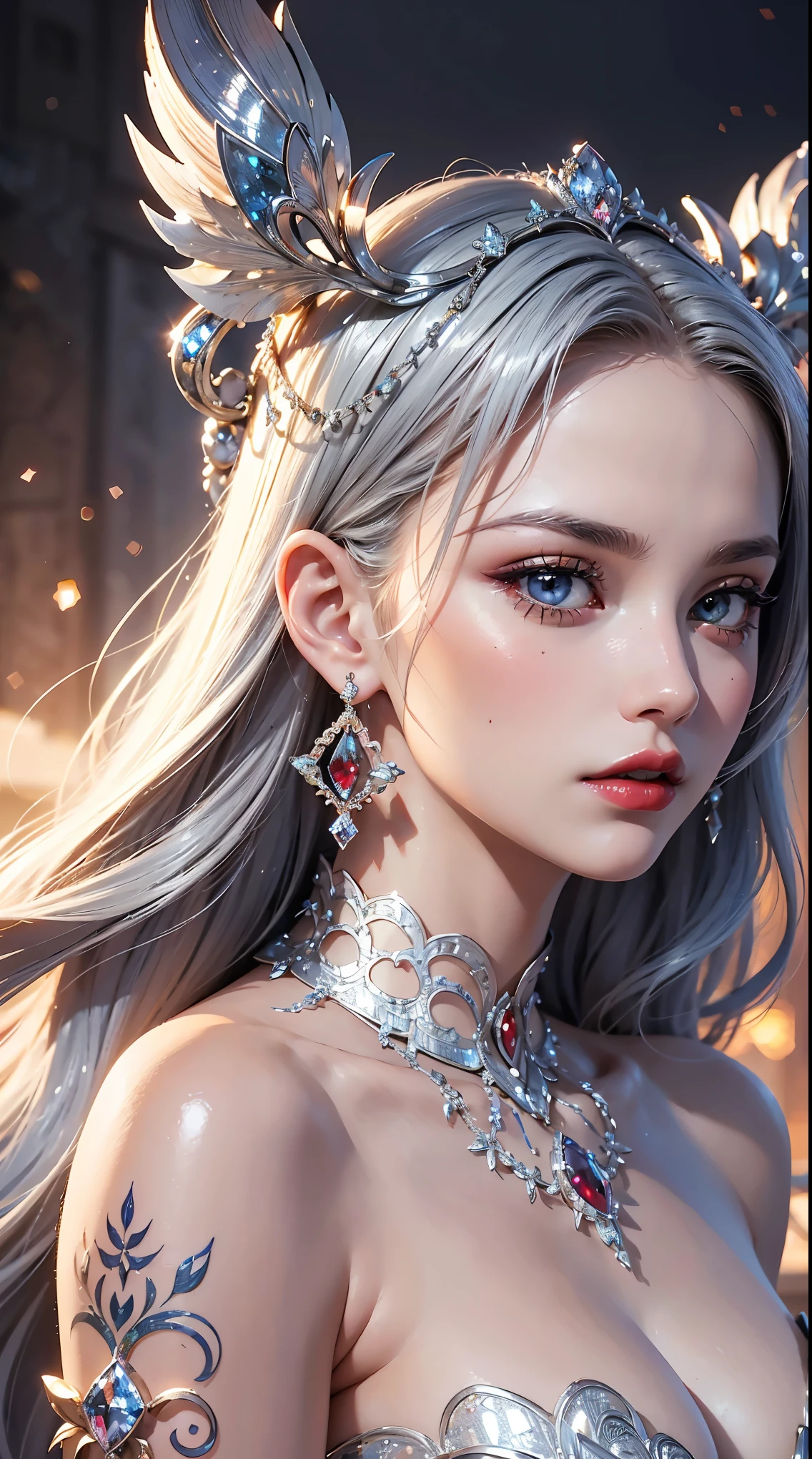 Royal Princess,Very detailed, Delicate face, Stock Photography , Portrait 400, F1 Camera Lens.6, rich and colorful, Surrealism, Realistic textures, Dramatic Lighting, Thin Film Distiller 800 (8K, original photo, Better quality, masterpiece: 1.2), Very detailed, (Extremely delicate skin: 1.2), 8K 超高清, SLR camera, Soft Light, high quality.Fire Queen,Blue pupils,Wear red lipstick,Have a tattoo,The tattoo is very three-dimensional,Gorgeous and intricate tattoo designs,8K Mugshot,Large Breasts,Dark eyeshadow,Sexy thick lips(Red lipstick),Ice Princess,The facial features are very three-dimensional,Gorgeous and exquisite crystal diamond lace wedding dress,Silver Armor,Exquisite and ornate silver decoration,Universe shining diamond gem,Ultra-clear portrait,Very exquisite and gorgeous jewelry,Transparent clothes