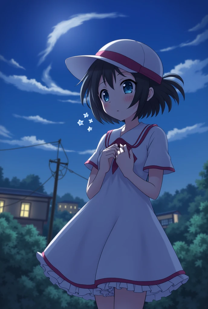 masterpiece, Best Quality, 1 girl, dawn (Pokémon), cap, by the wide, For the blue, blue eyes, looking at the viewer, ashamed, blush, sweat, night dress,