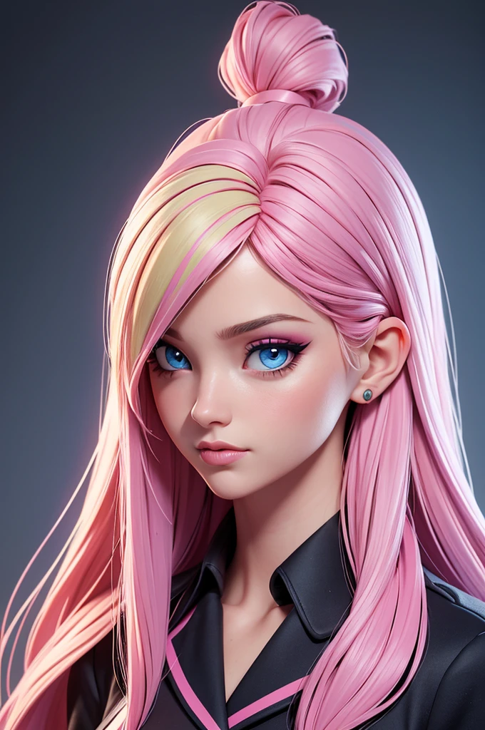 work of art, best qualityer,Trabalho de renderização 3d,Estilo 3dMM, close up, portraite, 3d,1 girl, standing alone, face perfect, long hair, blue school uniform academy , long light blonde hair dyed with a shade of pink and with cute, well-combed bangs, pink dyed hair, detailed light blue eyes highlight the light reflected in your eyes, gazing directly at the viewer, realisitic, trunk, white background, colorful lighting, lips, bold makeup, black eyeshadow makeup on eyelids, ear piercing, skin fair, Perfect hourglass body, she has a sharp chin, photo card, The artwork should have the best qualityer, with ultra-detailed and realisitic features. The color palette should be vivid, and the lighting should emphasize the character's facial structure and expression.