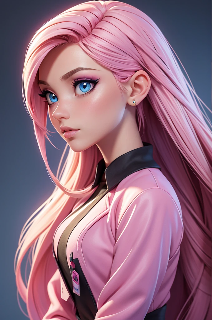 work of art, best qualityer,Trabalho de renderização 3d,Estilo 3dMM, close up, portraite, 3d,1 girl, standing alone, face perfect, long hair, blue school uniform academy , long light blonde hair dyed with a shade of pink and with cute, well-combed bangs, pink dyed hair, detailed light blue eyes highlight the light reflected in your eyes, gazing directly at the viewer, realisitic, trunk, white background, colorful lighting, lips, bold makeup, black eyeshadow makeup on eyelids, ear piercing, skin fair, Perfect hourglass body, she has a sharp chin, photo card, The artwork should have the best qualityer, with ultra-detailed and realisitic features. The color palette should be vivid, and the lighting should emphasize the character's facial structure and expression.