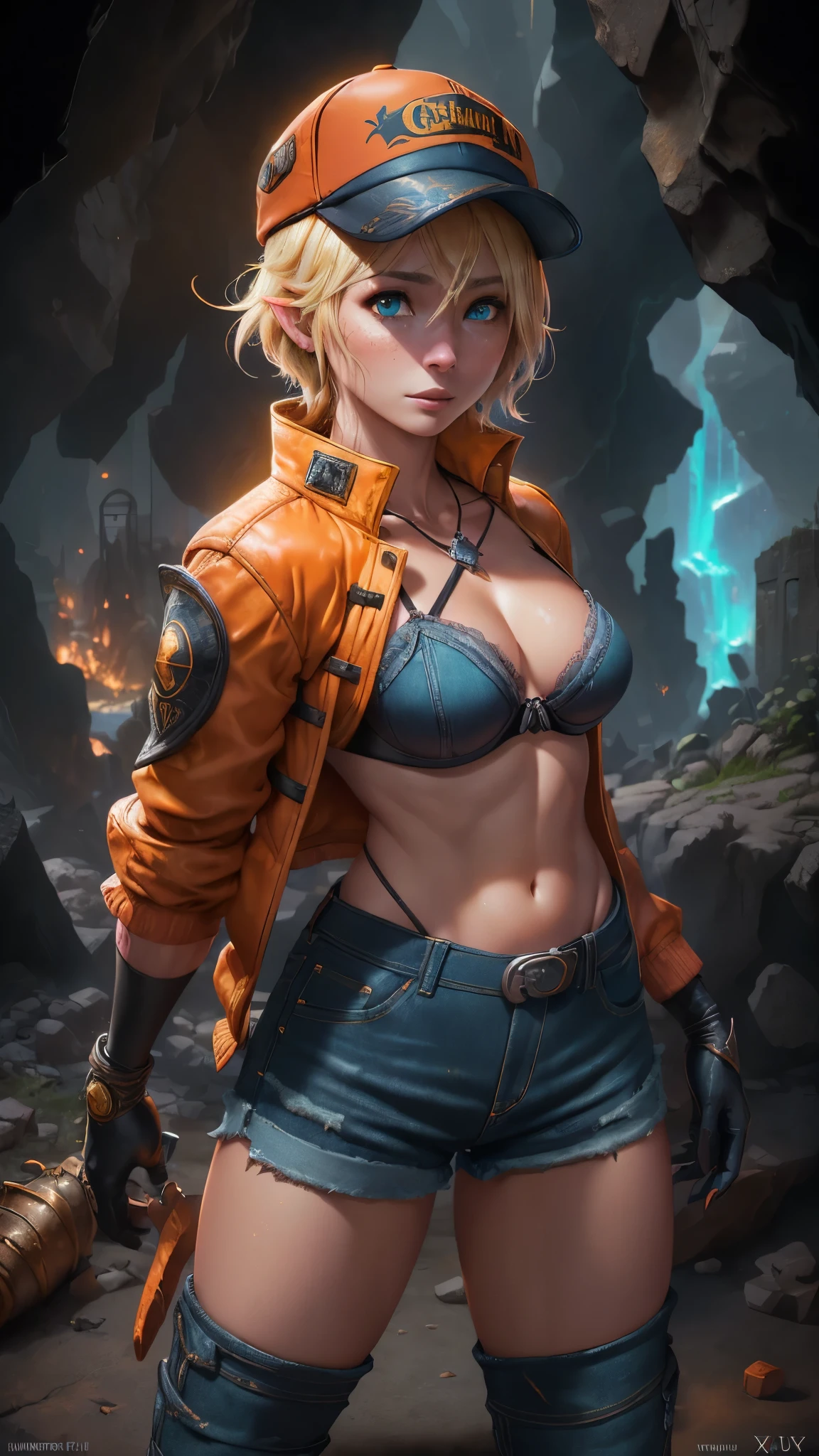 (The best quality,A high resolution,Ultra - detailed,actual),Cindy Aurum  Fantasy XV,(85mm F/1.4) , (Cindy has short blonde hair:1.4) , green eyes and a slightly tanned complexion, (His attire consists of an orange cap with the Hammerhead sign:1.4) ., a pair of black gloves, (a yellow jacket:1.4) , (a salmon bra:1.4) , (a pair of black welding :1.4) , (some denim shorts:1.4) , a brown tool belt, black stockings and a pair of white high-heeled boots, ,(Dungeon ruins background ruins large stones cavern cave :1.4 ), epic fantasy art style hd, 4K fantasy art, epic fantasy digital art style, epic fantasy art style, Fantasy Woman, epic fantasy art portrait, Epic fantasy style, hyperrealistic fantasy art, hd fantasy art, epic fantasy character art, epic fantasy art, in style of dark fantasy art, epic fantasy digital art, high quality, (raw photo, best quality), (realistic, Photorealistic: 1.4), (extremely delicate and Beautiful: 1.4), Amazing, fine details, masterpiece, Ultra detailed, high resolution, best illustration, best shadow, intricate, ( extremely intricate: 1.2), (exquisitely detailed skin), cinematic light, Perfect anatomy, (cool color: 1.4), Sharp focus, 8K UHD, DSLR, (Fujifilm XT3),(cowboy pose :1.4),( cinematic lighting :1.4),( bright colors :1.4),(Cindy Aurum Fantasy XV:1.4), (Cindy Aurum V2.1),( face detailed :1.4), More detailed 8K.motor irreal:1.4,UHD,La mejor calidad:1.4, fotorrealista:1.4, textura de la piel:1.4, obra maestra:1.8,obra-prima, mejor calidad,objeto Objeto], (detailed face features:1.3),(Las proporciones correctas),(Ojos hermosos azules), (((85mm F/1.4)), (bikini bra pink :1.4), ((pose vaquero :1.4)),( pose medio cuerpo), (Cindy Aurum :V2.1 ), (baseball cap orange :1.4),( anatomía perfecta detallado :1.4) 