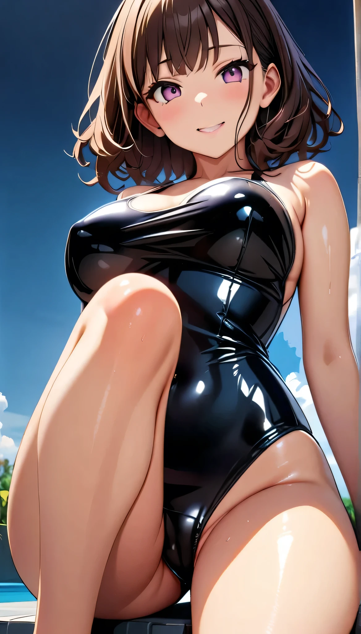 (highest quality:1.2,2girls,cg, Very detailed, High Detail, digital coloring, High Contrast, masterpiece:1.2,, highest quality, Best aesthetics), 8k,masterpiece, cute,tall,beautiful,best quality, 1girl,brown hair,short hair,,wavy hair,empty eyes, (finely detailed glowing eyes and detailed face),,,,extremely detailed cg unity 8k wallpaper,solo,(latex y swimsuits:1.9),large breductive smile,,large breasts,blr,pink eyes,grossy lips,sitting,c,sadistic smile,shin,,detailed face,beautiful body,,adult,,show me breasts,sadistic,seductle,,,bus,open mouth,,on the pool,,burikko  pose,,,sitting,stick out ass,,from below