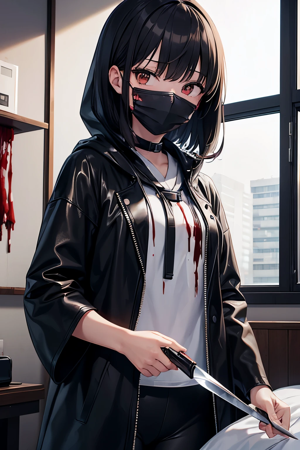 Japanese Girls, (Behind the corpse, surgical mask), Holding a knife, It feels like a stabbing pain, Leather Handbags, Bloody room, Black Raincoat, Wear a hood, Holding a knife, Black wetsuit, Leather Handbags, Behind the corpse, Blood splatter, Long Bangs, night, mass murderer, robbery, At the hotel, Light from the window