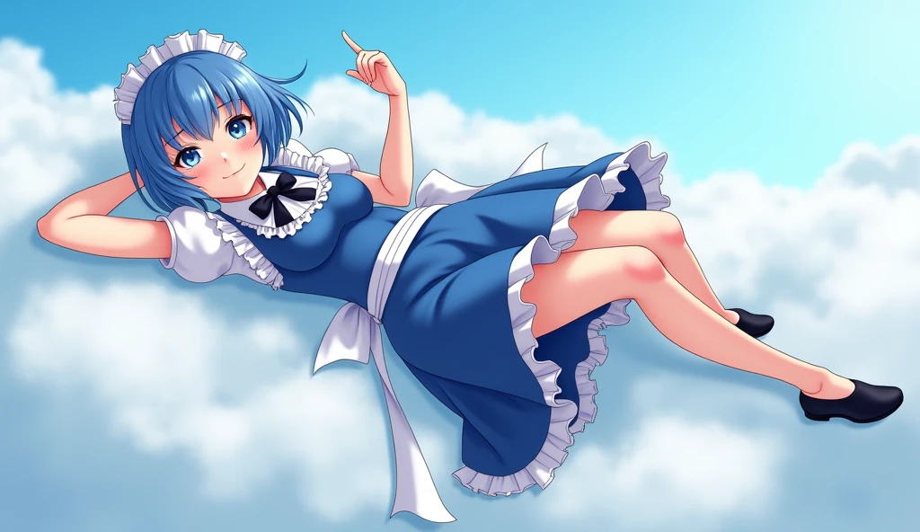 Lem in maid's outfit, flying like she is lying on the clouds. Blue hair, short hair. Top quality, masterpiece, beautiful face, beautiful arms, beautiful legs.