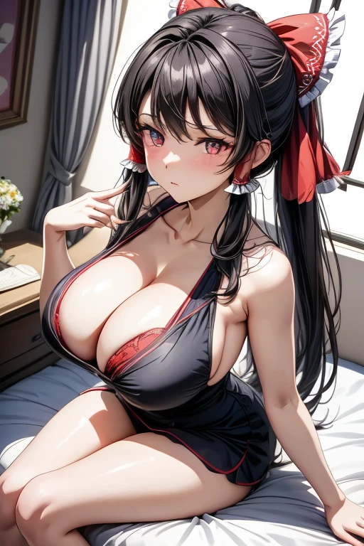 femme magnifique, 20 ans, Hakurei Reimu, Uniforme de femme de chambre, belle courbe, corps parfait, Very tall girl, High quality, taquinerie, jambes nues, Jupe relevable, Cross-legged, sexy, main sur la poitrine, montrant la poitrine, , Heartfelt in the eye, rougissant, dans un manoir