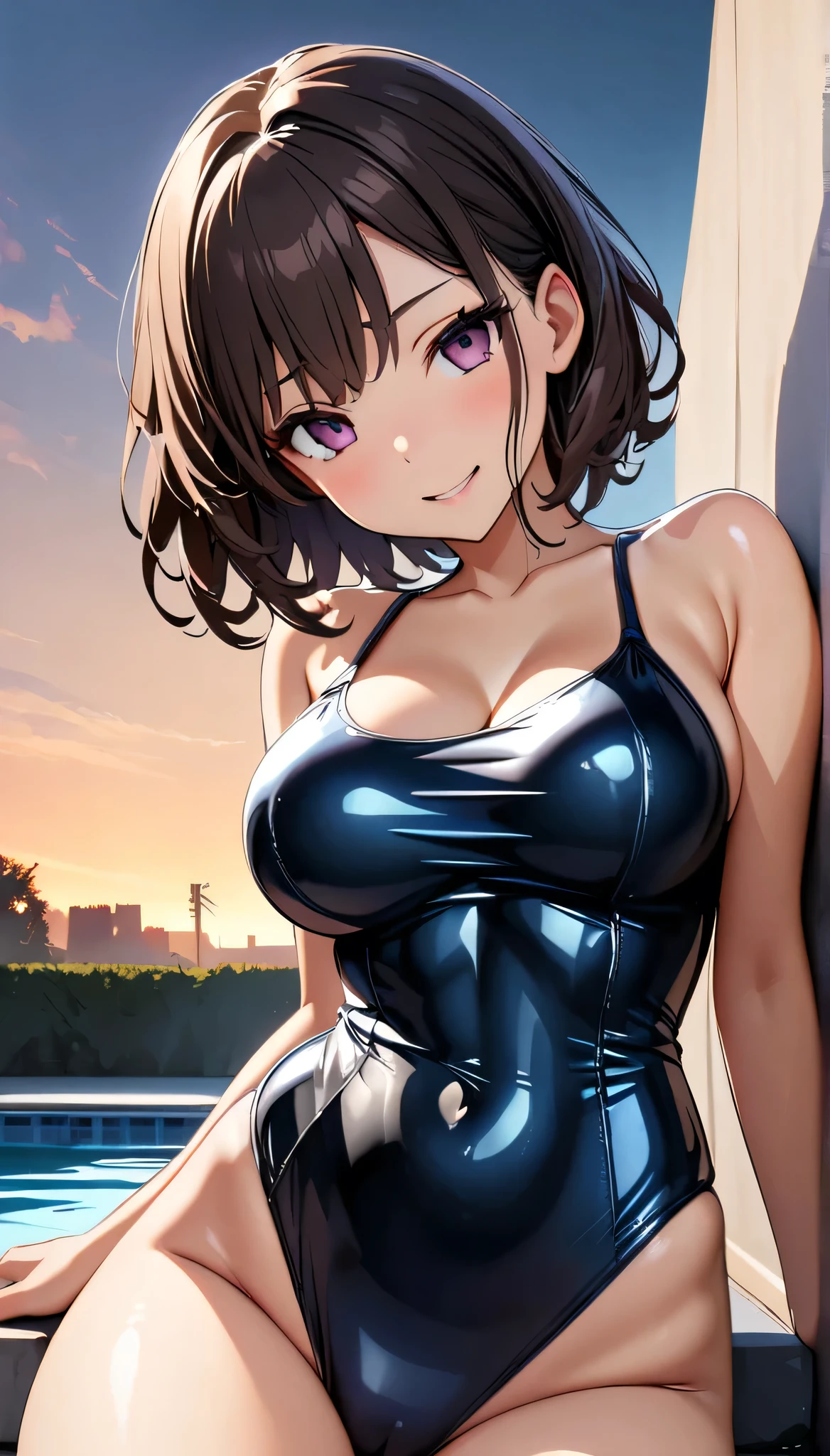 (highest quality:1.2,2girls,cg, Very detailed, High Detail, digital coloring, High Contrast, masterpiece:1.2,, highest quality, Best aesthetics), 8k,masterpiece, cute,tall,beautiful,best quality, 1girl,brown hair,short hair,,wavy hair,empty eyes, (finely detailed glowing eyes and detailed face),,,,extremely detailed cg unity 8k wallpaper,solo,(latex sexy swimsuits:1.9),large breasts,seductive smile,,large breasts,black hair,pink eyes,grossy lips,sitting,c,sadistic smile,shiny skin,,detailed face,beautiful body,,adult,,show me breasts,sadistic,seductive smile,,,bust shot,open mouth,,on the pool,,burikko  pose,,,sitting,stick out ass,,from below