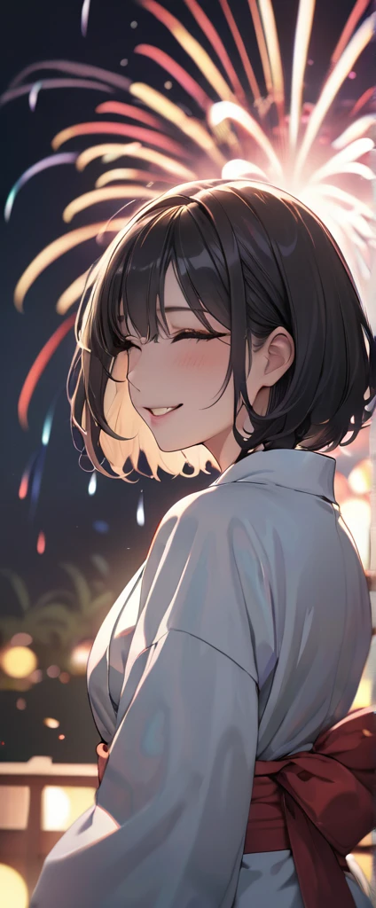 Wooden corridor of the temple,dark,smile,Sit and watch the fireworks,Place your hands behind your back,close your eyes,1. small  ,short hair,Black Hair,blush,White T-shirt,Olive green shorts,White skin,From below,Sweat,night中,night,Grin