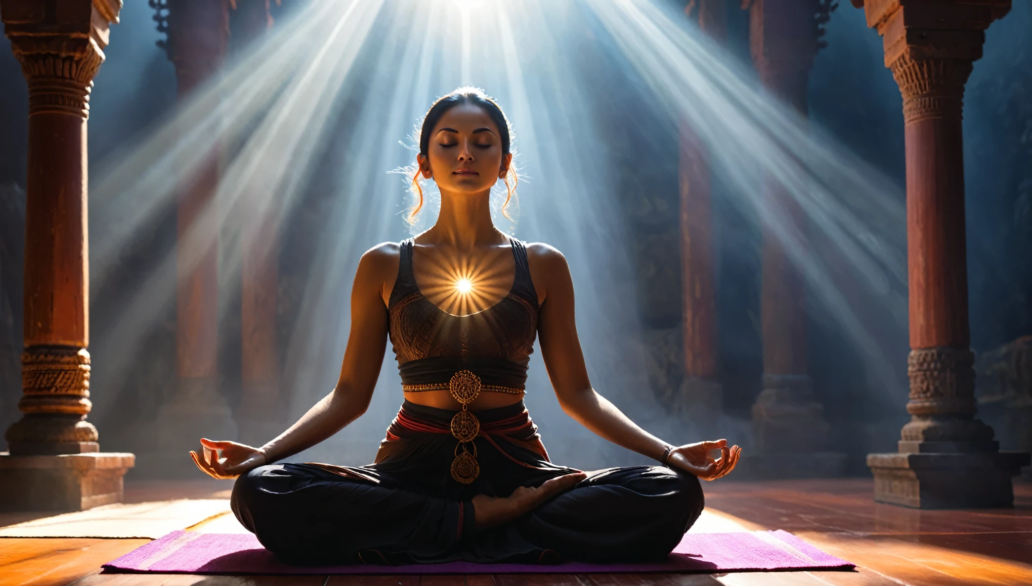 Namaste. Person meditating. The image won major awards and was created for a magic and fantasy film. Conveys a feeling of great power and wisdom. Features cinematic lighting, well-defined details, the best quality, 16K,