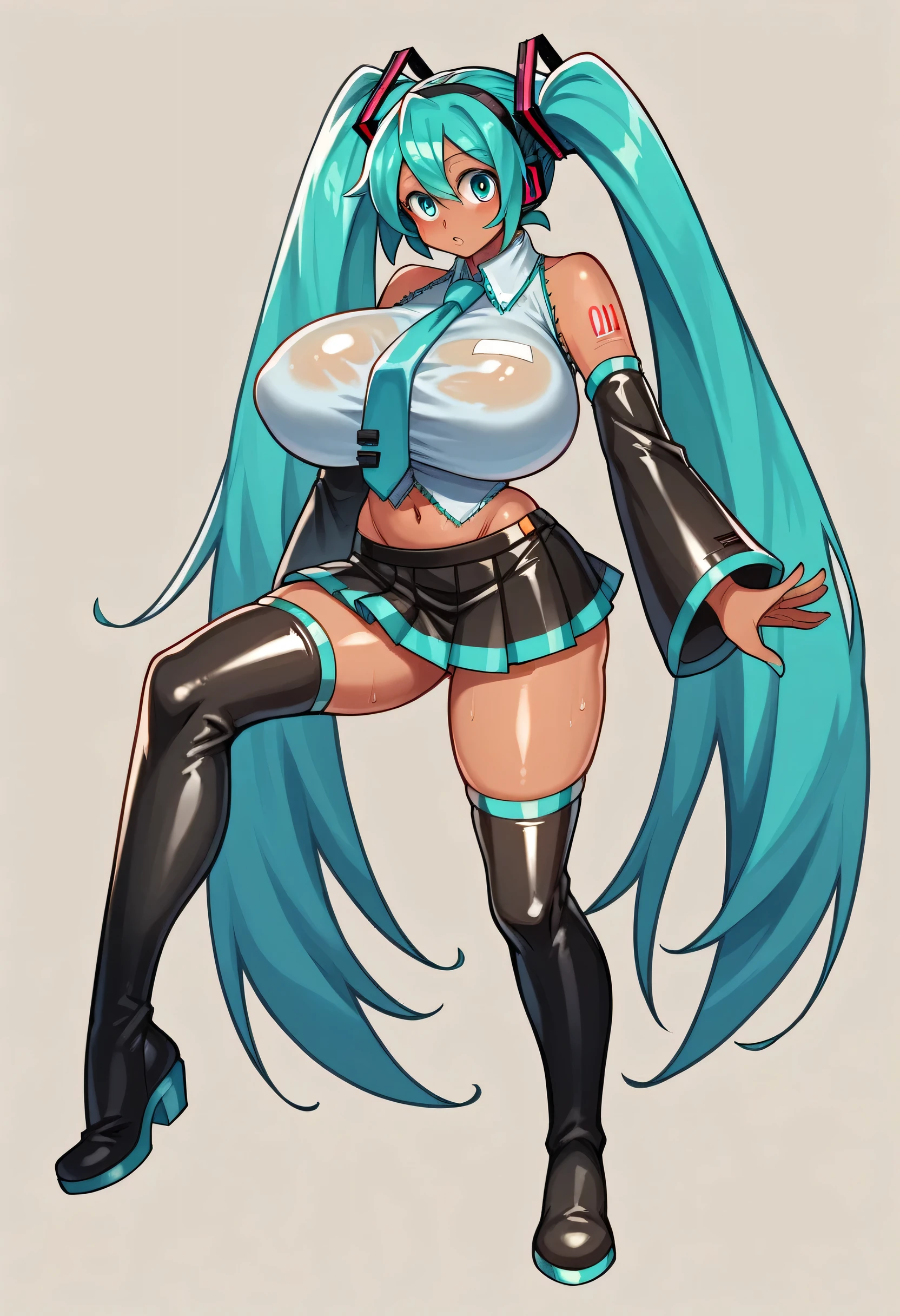 masterpiece, high quality, detailed eyes,
1girl, (hatsune miku:1.1), aqua hair, aqua eyes, ( huge breasts:1.0), glistened skin ,tall, leggy,long legs,dark skin,oiled skin, shiny skin, navel, skirt, shirt, tie, thigh high boots,