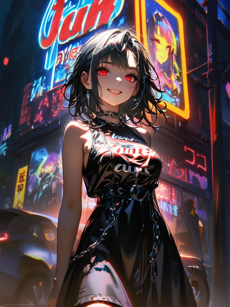 1 girl, chromatic aberration, Written boundary depth, Soft Light, masterpiece, Highest quality, complicated, Tone Mapping, A place where fireworks are set off at festivals. Concept Art, Smooth, Clear focus, Dramatic lighting, Very cinematic, super practical painting, アートステーション's trending, 8k, Incredible Shadows, practical, whole body, View, Viewers, Portrait of a Girl 1, standing on street corner, Heavy rain and lightning、Dark Sky, neon and cyber punk background, she is dressed in punk clothing with silver chains and silver spikes, Her hair was dyed a bright black color..........Ominous aura of light, smile, punk, ciber punk, Backlight.Fashionable clothes、Friendly dress code:Stylish sleeveless.My breasts are a little big.Beautiful red eyes