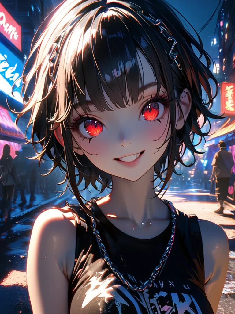 1 girl, chromatic aberration, Written boundary depth, Soft Light, masterpiece, Highest quality, complicated, Tone Mapping, A place where fireworks are set off at festivals. Concept Art, Smooth, Clear focus, Dramatic lighting, Very cinematic, super practical painting, アートステーション's trending, 8k, Incredible Shadows, practical, whole body, View, Viewers, Portrait of a Girl 1, standing on street corner, Heavy rain and lightning、Dark Sky, neon and cyber punk background, she is dressed in punk clothing with silver chains and silver spikes, Her hair was dyed a bright black color..........Ominous aura of light, smile, punk, ciber punk, Backlight.Fashionable clothes、Friendly dress code:Stylish sleeveless.My breasts are a little big.Beautiful red eyes