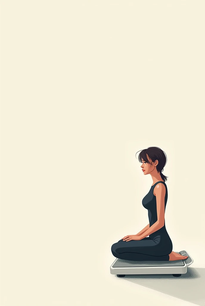 A magazine page that has a digital illustration of a person sitting on a weight scale on the bottom right . Above must have title, a paragraph in capital letters and a paragraph in small print below to the left