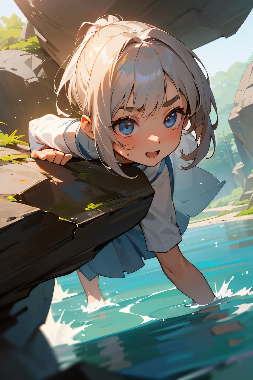 Highest quality、High resolution、Detailed Background、(Beautiful face in every detail:1.4)、Anatomically correct、(Normal number of fingers:1.2)、Highly detailed face、Detailed eyes、Teenage beauty、Perfect body line、Light color hair、Bobcut、ponytail、Twin tails、well-groomed eyebrows、cute gesture、Fun atmosphere、Cowboy Shot、

Hot days of summer vacation、The girl and her friends go into the nearby woods.、
wood々The green of the、Everyone is walking forward with excited expressions on their faces.、
Suddenly a large rock formation appears、One of my friends「Let&#39;s climb up there!」I suggest that、
Everyone was a little nervous, but they helped each other and started climbing the rocks.、
Once you reach the top, you&#39;ll be greeted by a vast view as far as the eye can see.、
Everyone cheers in delight at the view from the top.、
「amazing!」「Highest!」&quot;、
When you slowly descend、One of them almost trips, but his friend quickly supports him.、To show consideration for each other、The girl was also able to get off safely.、
Wash off your sweat by splashing around in the stream、It was impressive to see everyone laughing and having fun even though they were covered in mud.、cute