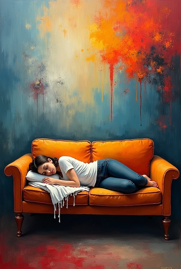 Abstract painting of a person sleeping on a sofa
