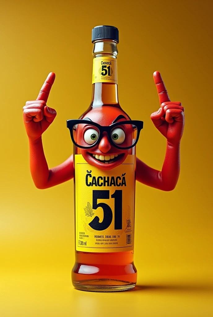 A bottle of yellow and red cachaça 51 ,with an animated face in the middle with black glasses and two animated arms giving the middle finger