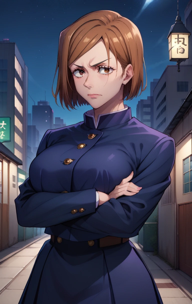 score_9, score_8_up, score_7_up, score_9,  BREAK kugisaki nobaraXL, 1girl, solo, breasts, looking at viewer, short hair, bangs, skirt, large breasts, brown hair, long sleeves, brown eyes, closed mouth, school uniform, jacket, night, crossed arms, blue jacket, building, city, gakuran, arms under breasts, kugisaki nobara, cowboy shot