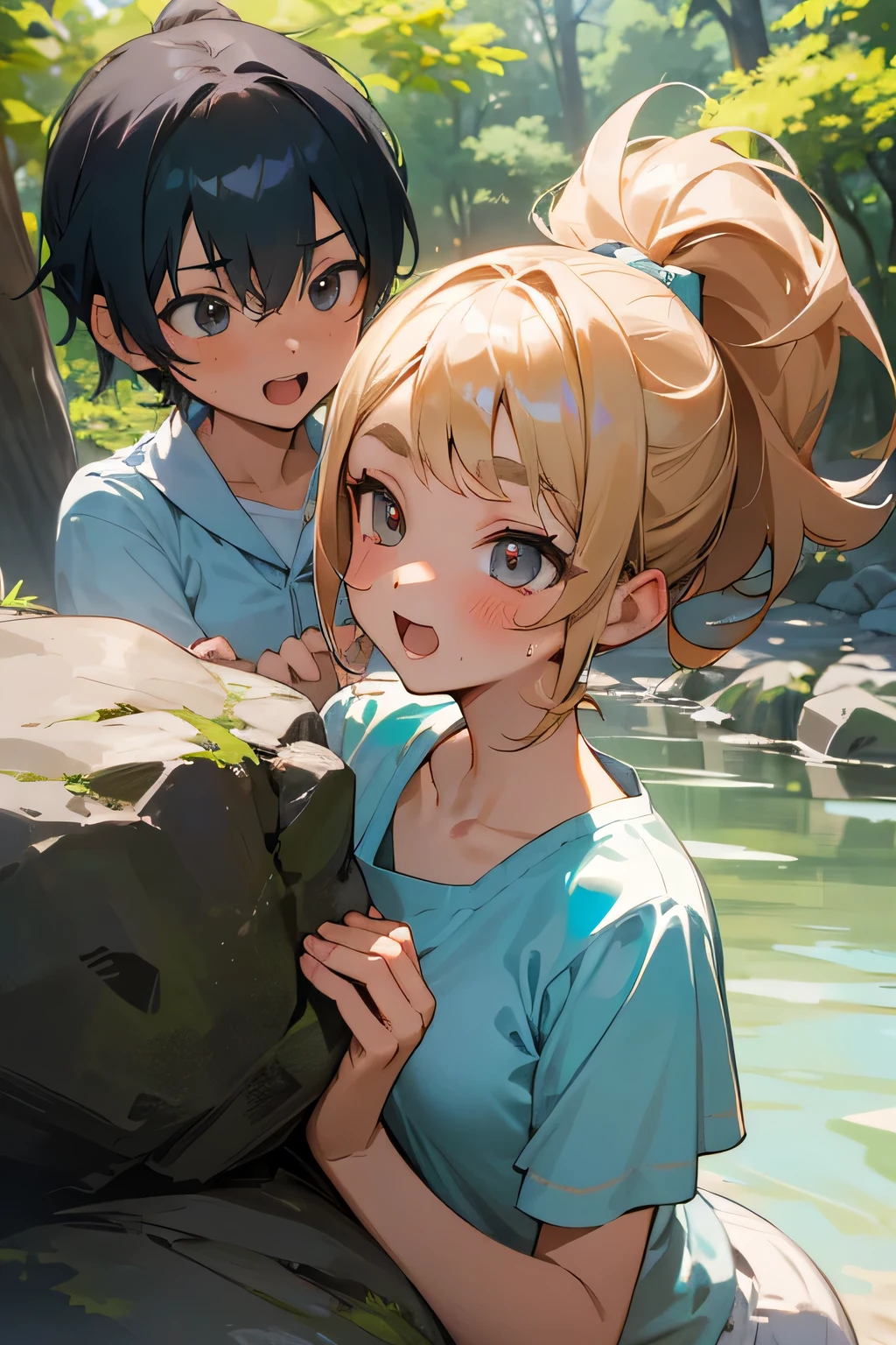 Highest quality、High resolution、Detailed Background、(Beautiful face in every detail:1.4)、Anatomically correct、(Normal number of fingers:1.2)、Highly detailed face、Detailed eyes、Teenage beauty、Perfect body line、Light color hair、Bobcut、ponytail、Twin tails、well-groomed eyebrows、cute gesture、Fun atmosphere、Cowboy Shot、

Hot days of summer vacation、The girl and her friends go into the nearby woods.、
wood々The green of the、Everyone is walking forward with excited expressions on their faces.、
Suddenly a large rock formation appears、One of my friends「Let&#39;s climb up there!」I suggest that、
Everyone was a little nervous, but they helped each other and started climbing the rocks.、
Once you reach the top, you&#39;ll be greeted by a vast view as far as the eye can see.、
Everyone cheers in delight at the view from the top.、
「amazing!」「Highest!」&quot;、
When you slowly descend、One of them almost trips, but his friend quickly supports him.、To show consideration for each other、The girl was also able to get off safely.、
Wash off your sweat by splashing around in the stream、It was impressive to see everyone laughing and having fun even though they were covered in mud.、cute