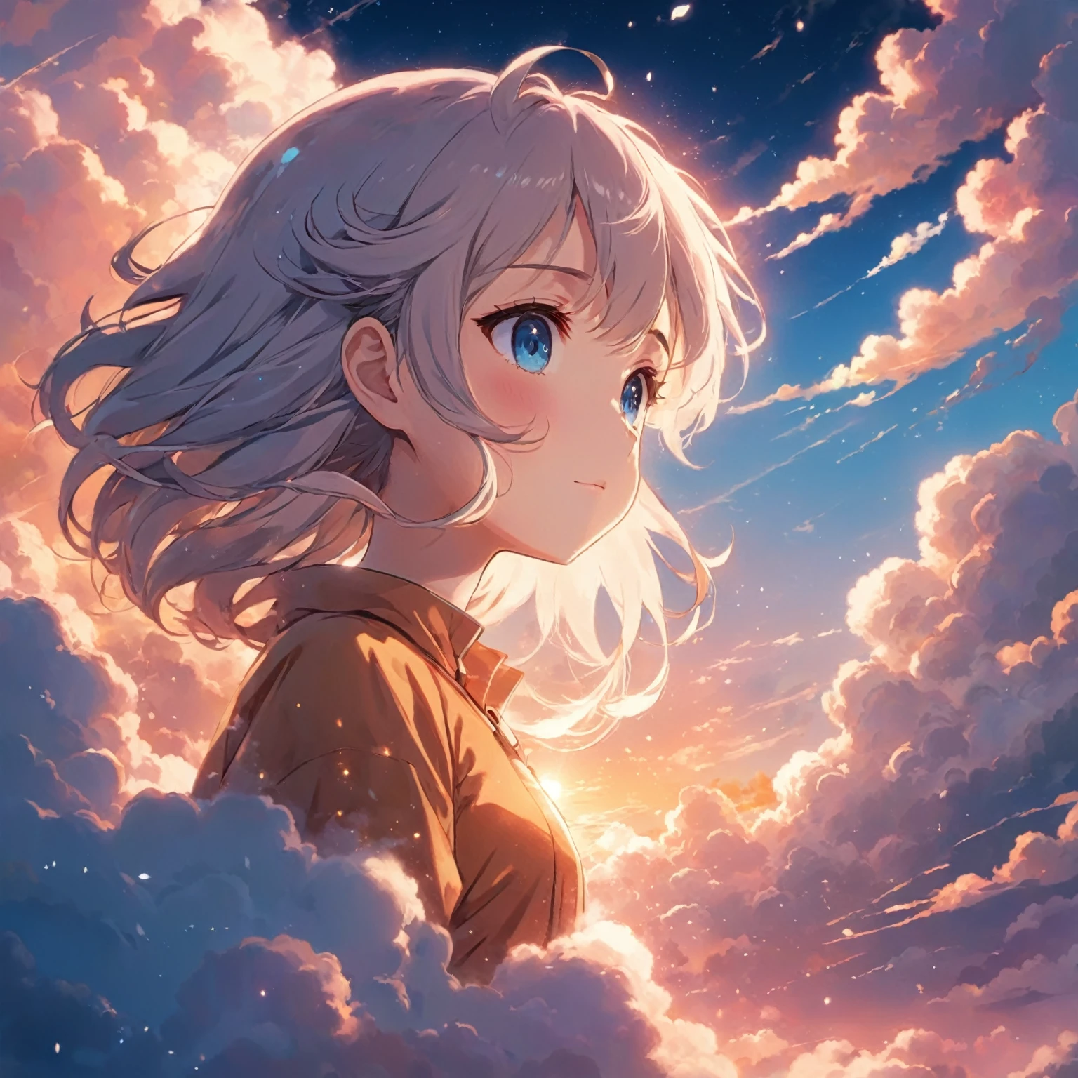 The background is clouds, Animation Cloud,  Anime style 4k, Anime Art Wallpaper 4K, Anime Art Wallpaper 4K, anime art wallpaper 8 k, 4k anime wallpaper, Anime Wallpaper 4K, Anime Wallpaper 4K, Anime sky, 4k comics wallpaper, Beautiful anime portrait, Sunset，Behind me are large clouds