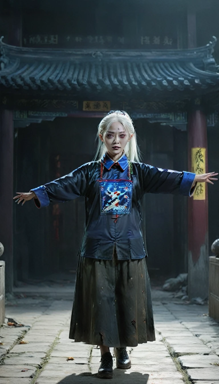 A girl with white hair, a scary zombie from the Qing Dynasty era, stands in the center with arms outstretched at a 90 degree angle, looking straight ahead. Zombie decoration, The lightless environment symbolizes the faint, stinging light of the city. ((real))), ((masterpiece), (Best quality), Ultra high resolution, (Original image:1.2), (photorealism:1.4), remarkable detail, Impressive light, high resolution, 8k, Packaging, Chinese building, Chinese Tower, obsolete, (clair_chinese zombie:1.5), Dark and ominous color palette, Creates a spooky atmosphere. The overall layout reflects the ink elements of Asian horror cinema and traditional Chinese aesthetics..
