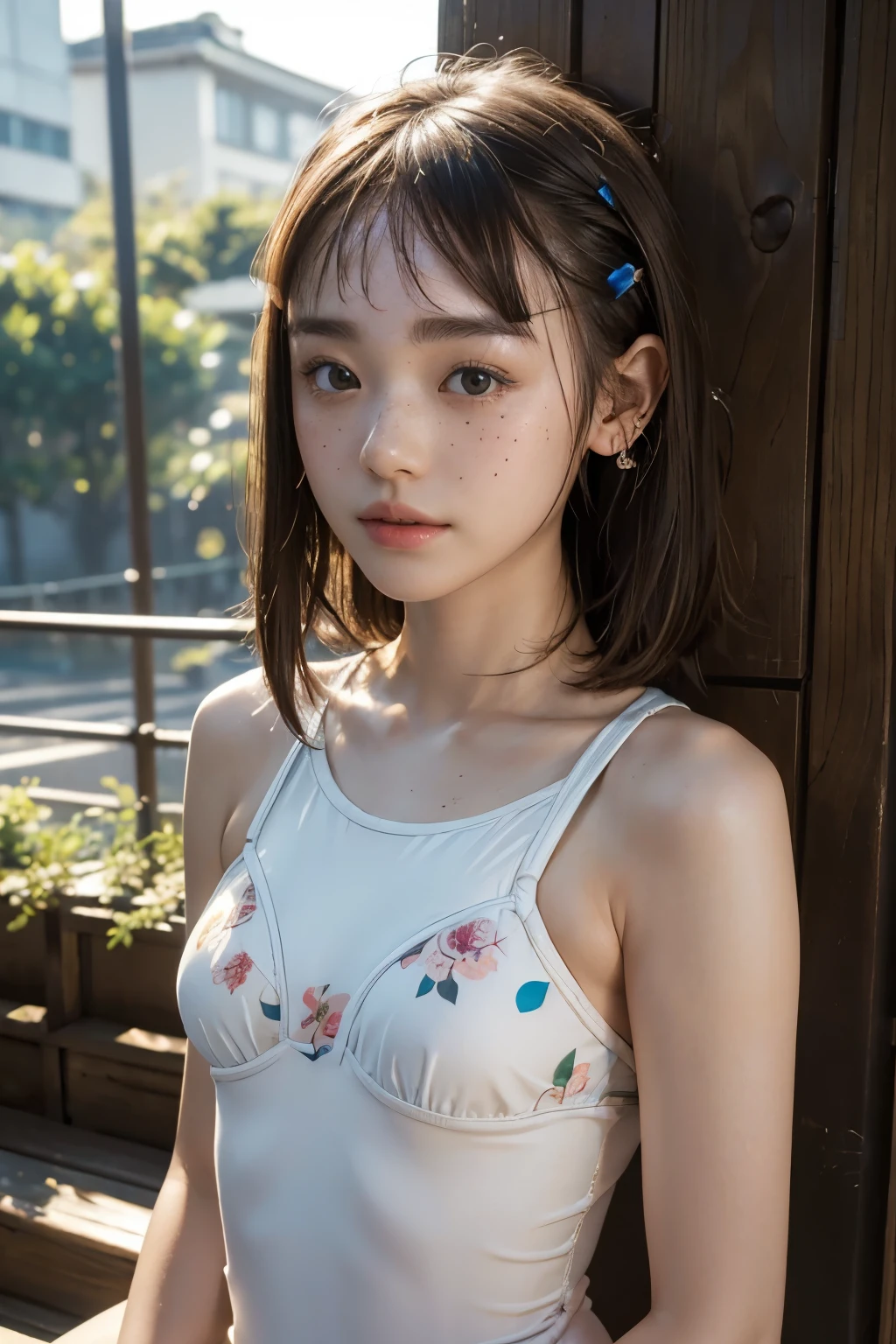 Highest quality ,8k.masterpiece,Ultra-high resolution,(Photorealistic:1.4), 1 girl, View your viewers,Very fine grain definition、 japanese famous actress, very beautiful,cute, Cinematic, 24mm lens, f/ 1. 8, Sun light,Natural Light,Color temperature 3000K,8k, In downtown Japan, Pause、************、(Smaller School Swimwear:1.2)、Parting your bangs、Short Bob、Flower Hairpin、Small earrings in the ears、(No thinning:1.8)、(Light freckles:1.2)、pores、(Front-light strobe:1,2)、Daytime Synchronization、
