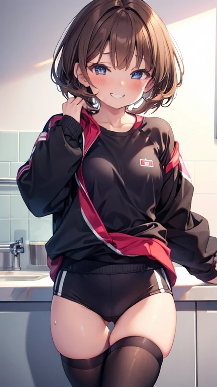 cute Brown Hair Shortcuts front Small breasts Gal Gym suit Bloomers Knee socks Sweat Embarrassed Wicked Smile、((Grin)) Baggy Moe sleeves Underwear is visible