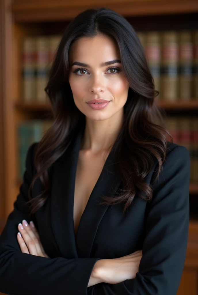 woman lawyer, dark haired, dark shaped eyes, medium height, skin fair, medium pwso, in a law office