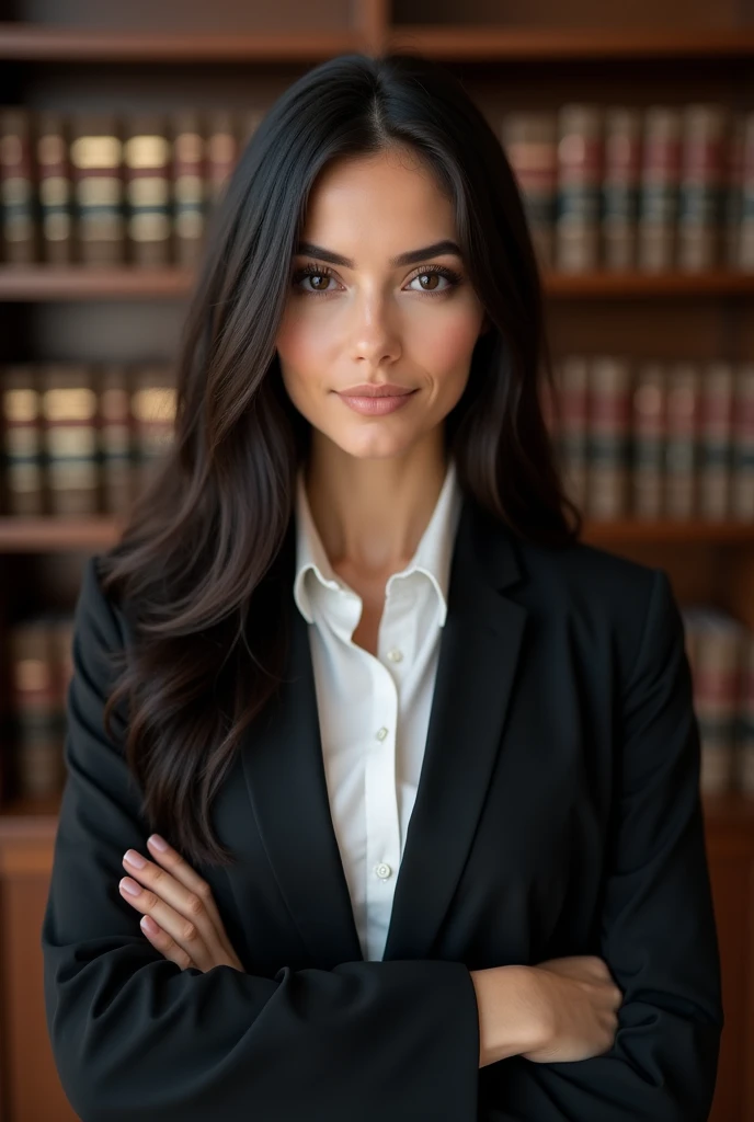 woman lawyer, dark haired, dark shaped eyes, medium height, skin fair, medium pwso, in a law office