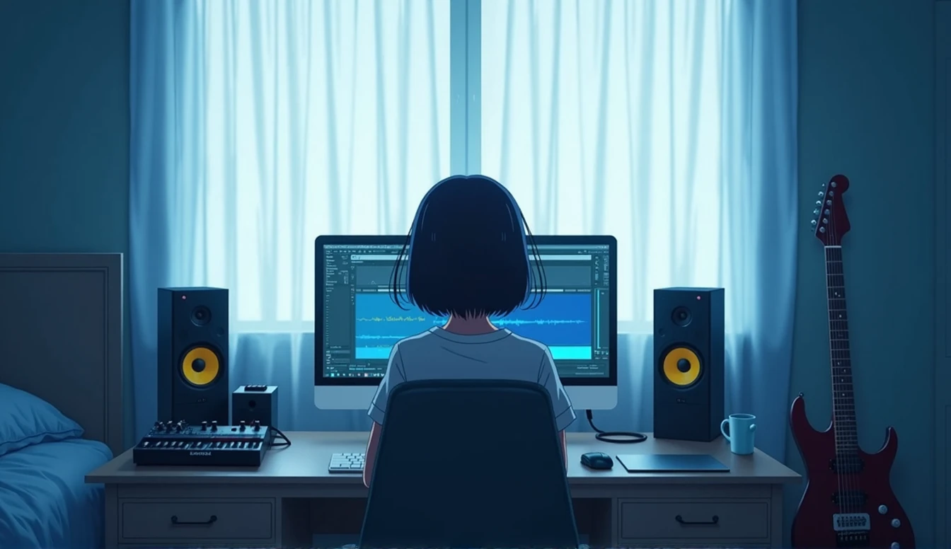 Inside the room　There is no one here　green　white　Emotional　computer　speaker　Electric guitar leaning against a wall　Desktop Music　dawn　An illustration　Anime Style