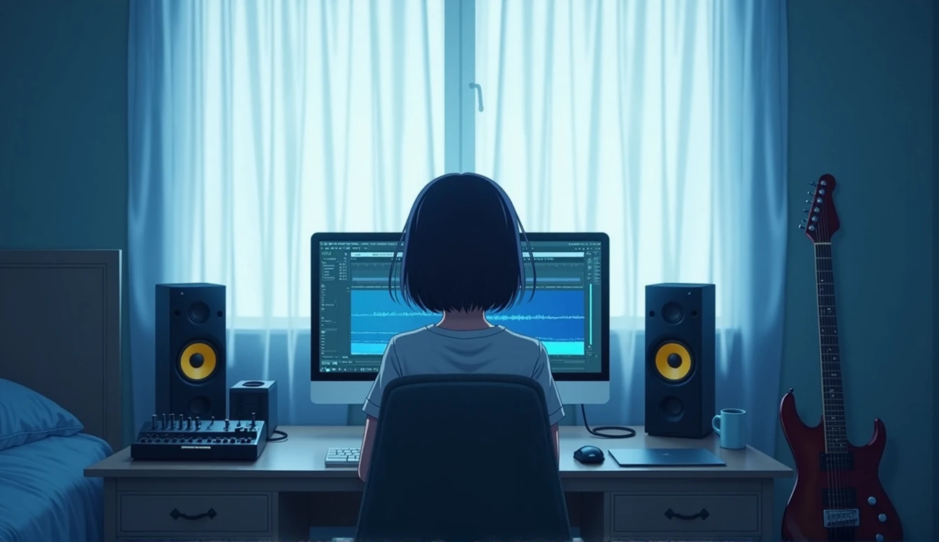 Inside the room There is no one here green white Emotional computer speaker Electric guitar leaning against a wall Desktop Music dawn An illustration Anime Style