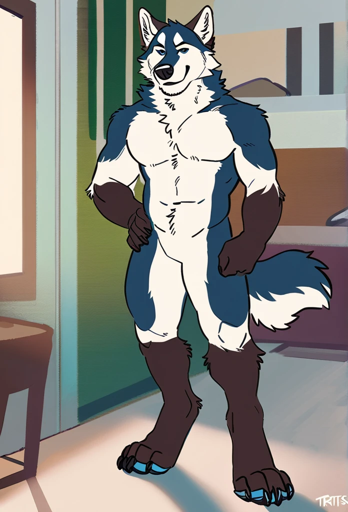 solo, male, anthro (striped husky), by tritscrits, (by botch:0.7), digitigrade, digital artwork, (flat colors:1.3), striped brown husky tail, mature male, sexy, ((detailed background)), athletic, white fur, looking at camera,