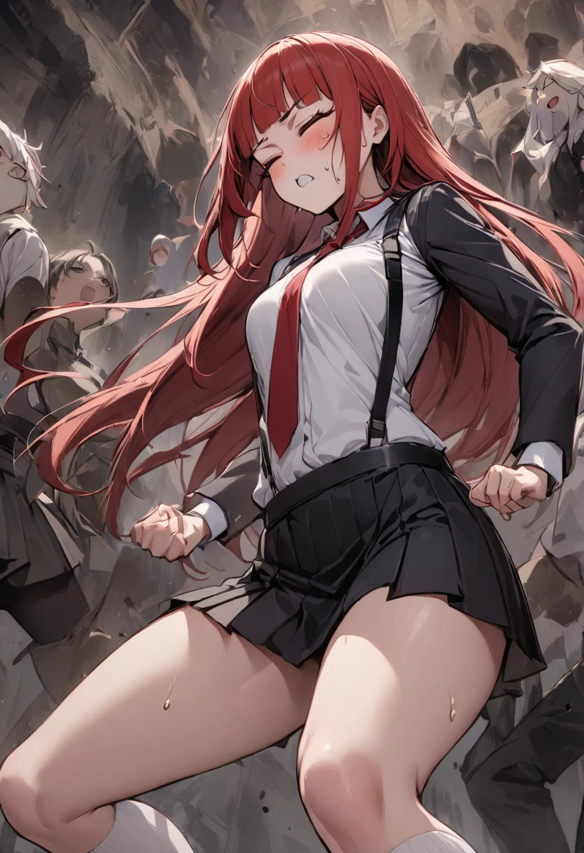 Dynamic composition,from below,{{critical situation:1.6}},{{fight:1.8}},fighting stance,defensive posture,{{female student fighter enduring pain}},,{{small face:1.8}},{{bent over:1.6}},{{masterpiece}}, {{{Highest quality}}},{{Very detailed}},solo,170cm tall female,{}},1girl,{Mature Woman}}, abdominal pain,furrow one's brow ,{{one eye closed}},from side,,{{Grit your teeth:1.4}},,{{v-shaped eyebrows}},Bad mood,blush,Sweat,raise one's eyebrows,{{Very slim legs:1.4}},{{hold your stomach with one hand}},{{suspenders:1.4}},{{WHITE Long sleeve mini skirt uniform}},{{suspenders}},{{White High Socks}},Red tie,{{}},,Slender body}}{{female student fighter}},,,black fingerless gloves, ,Long sleeve mini skirt uniform,Long Red Hair, Straight hair ,Blunt bangs,Medium chest ,get annoyed,,combat arena