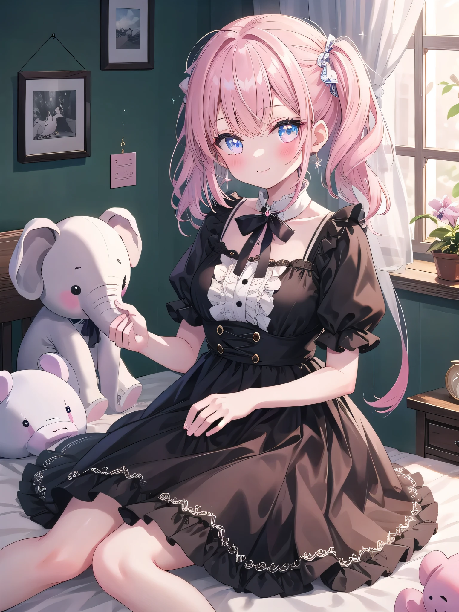 ((8k, Highest quality, masterpiece: 1.3)),Ultra-high resolution,(1 girl, alone), (Color changing eyes, Ultra-detailed, Expressive brilliance, glitter, Glowing Eyes), Highly detailed eyes, Highly detailed face, Random Hair, ((pastel colour)),Girl holding an animal doll. （bed、Dimly lit home：1.2）. The girl is casually wearing a pale pink dress. The dress is made from a lightweight cotton material.、The frill design enhances her cuteness.. The photo was taken from the chest up so that her facial expression could be seen clearly.. An innocent smile spreads across the girl&#39;s face, Her eyes are big and bright. Her skin is soft、Her cheeks are a healthy shade of pink. Her hair is straight and shoulder-length., It depicts the natural flow of the wind.. Her hair is light brown、Shining by reflecting the sunlight.

（She was sitting and holding a cotton elephant doll close to her chest.）、She was smiling and gently stroking the ear of the elephant doll with one hand.、The light of the morning sun shines through the window, creating a dazzlingly bright background.、There are also many animal dolls made of cotton fabric lined up on the bed.。A peaceful scene where her kindness and the cuteness of the animal dolls are in harmony.。