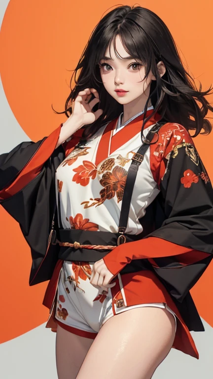 ((Highly detailed CG unit 8k wallpaper, masterpiece, High resolution, Highest quality, Highest qualityのリアルテクスチャスキン)), (Very beautiful woman, Fuller lips, Upper body, Pose like a model:1.5, Japanese pattern tunic:1.2, Japanese Pattern Super Mini Shorts:1.2), (Black-haired, Messy Hair, White skin), ((Colored Background Design, And handle background, warm color)), (Surreal, number),