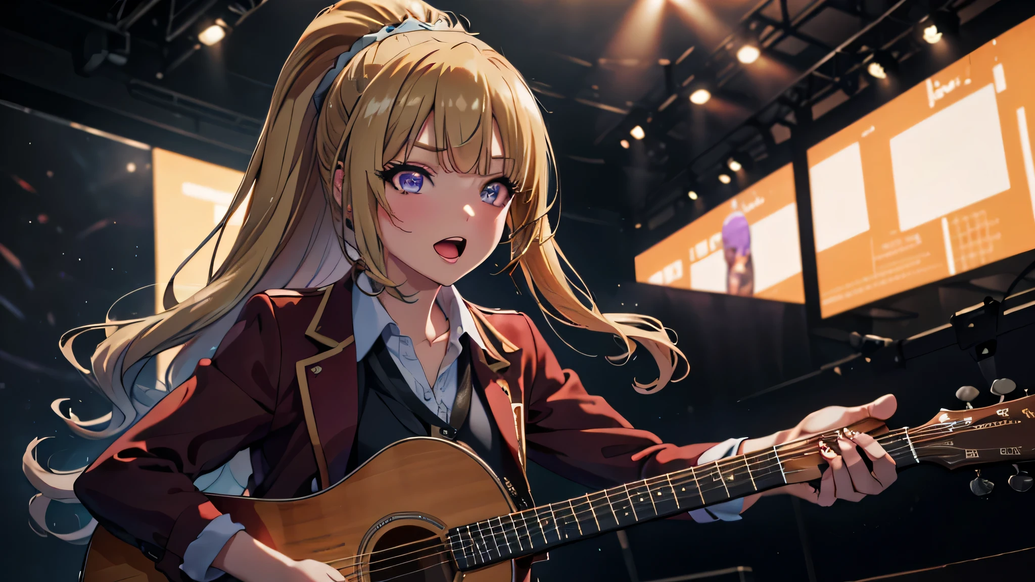 (masterpiece, best quality, absurdres), high quality, highres, ultra detailed, intricate, cinematic lighting, wallpaper, soft lighting, cowboy shot, looking at viewer, upper body, parted lips, 1 girl, kei Karuizawa, blonde hair, bangs, long ponytail , detailed violet eyes, ((Super Realistic Detailed Eyes, glowing eyes)), 20yo,beautiful face, sharp focus, singing karaoke, singing, open mouth, spotlight lightning, good mood, (headworn mic), stage, stage vibes, dome, Tokyo dome, concert, (playing guitar, guitar), Taylor swift, Taylor swift vibe, idol, (school outfits, red coat)