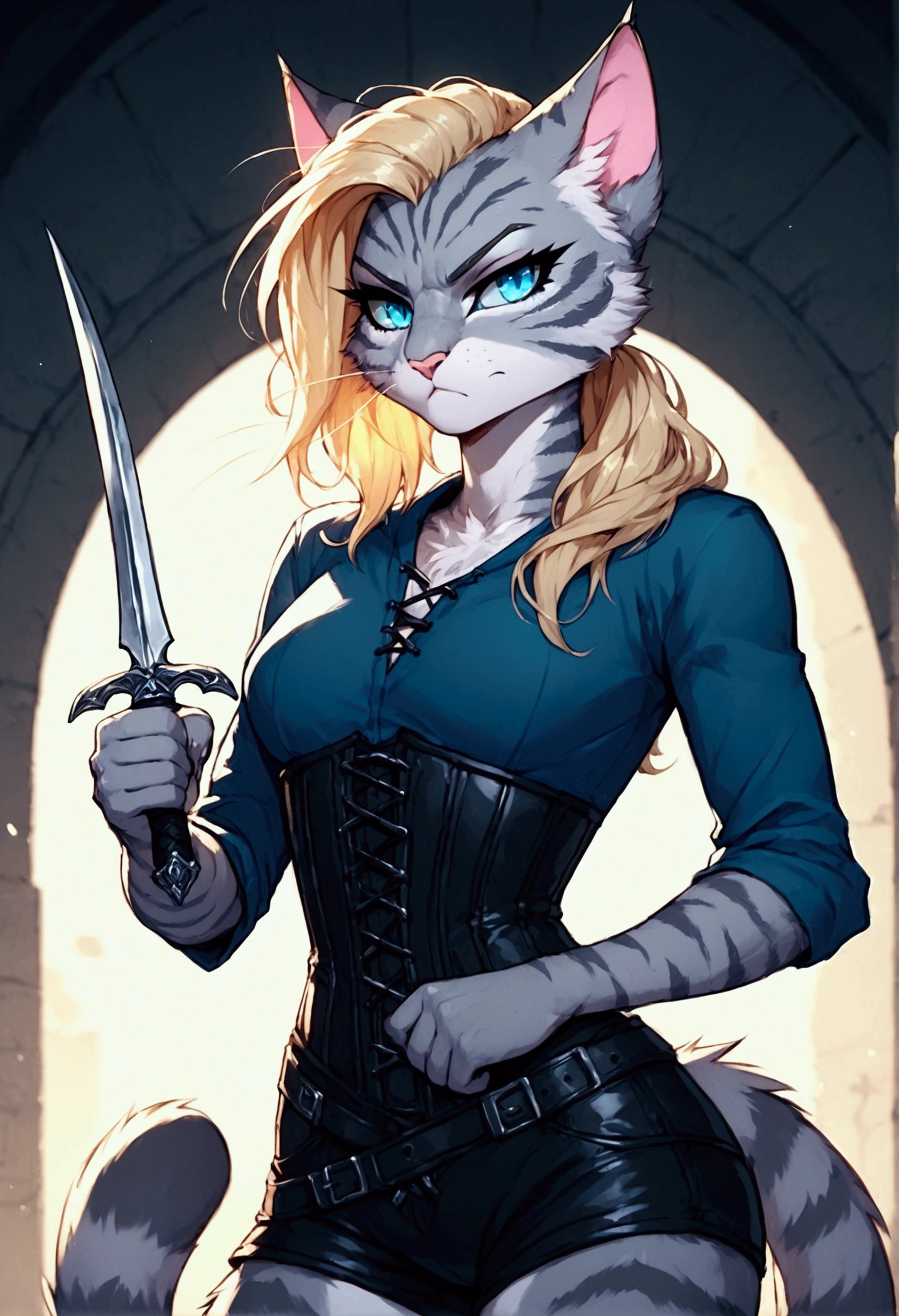 Solo, score_9,score_8_up,score_7_up, solo, anthro, kat, undercut haircut, long blonde hair, blue eyes, silver fur with grey stripes, pink nose, :3, tail, wearing black assassins outfit, black corset, black shorts, holding a dagger, serious face