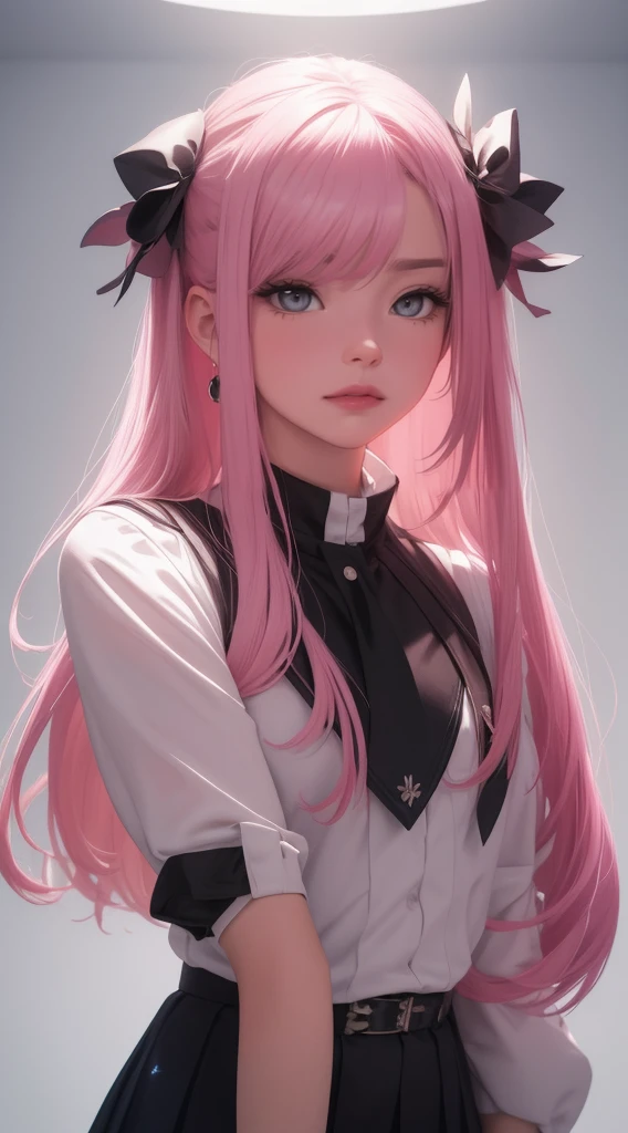 work of art, best qualityer,Trabalho de renderização 3d,Estilo 3dMM, close up, portraite, 3d,1 girl, standing alone, face perfect, long hair, blue school uniform academy , long light blonde hair dyed with a shade of pink and with cute, well-combed bangs, pink dyed hair, detailed light blue eyes highlight the light reflected in your eyes, gazing directly at the viewer, realisitic, trunk, white background, colorful lighting, lips, bold makeup, black eyeshadow makeup on eyelids, ear piercing, skin fair, Perfect hourglass body, she has a sharp chin, photo card, The artwork should have the best qualityer, with ultra-detailed and realisitic features. The color palette should be vivid, and the lighting should emphasize the character's facial structure and expression.