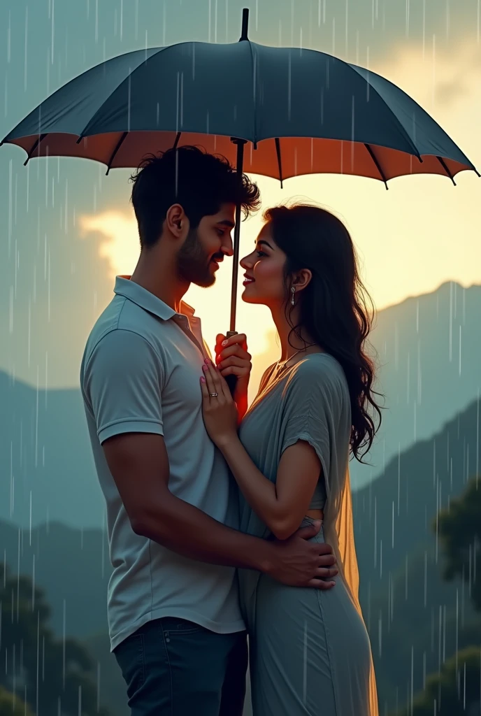 South indian couple with romantic look. Under the umbrella in a slow rain fall. Normal dress. Close shot. Hands on sholder looking straight. Kissing to the top face. Illustation image. In kerala mountain with moody clouds. White skin tone couple. Nice body shape. Shoulder to shoulder. Beautiful boyfriend and girlfriend. Romantic look