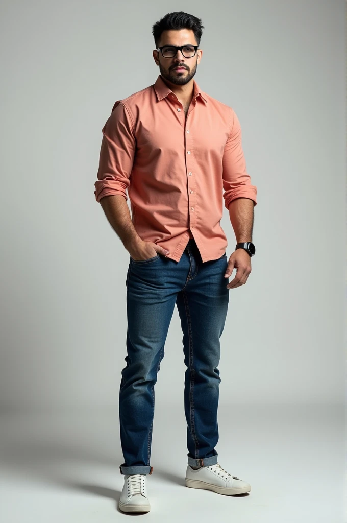 Create a photo of a 1 meter 80 centimeters man, of 100kg, stark, with black hair and straight side stepson, with glasses, Caucasian skin, wearing jeans, black, White sneakers, salmon colored shirt with rolled up sleeves, a watch. 