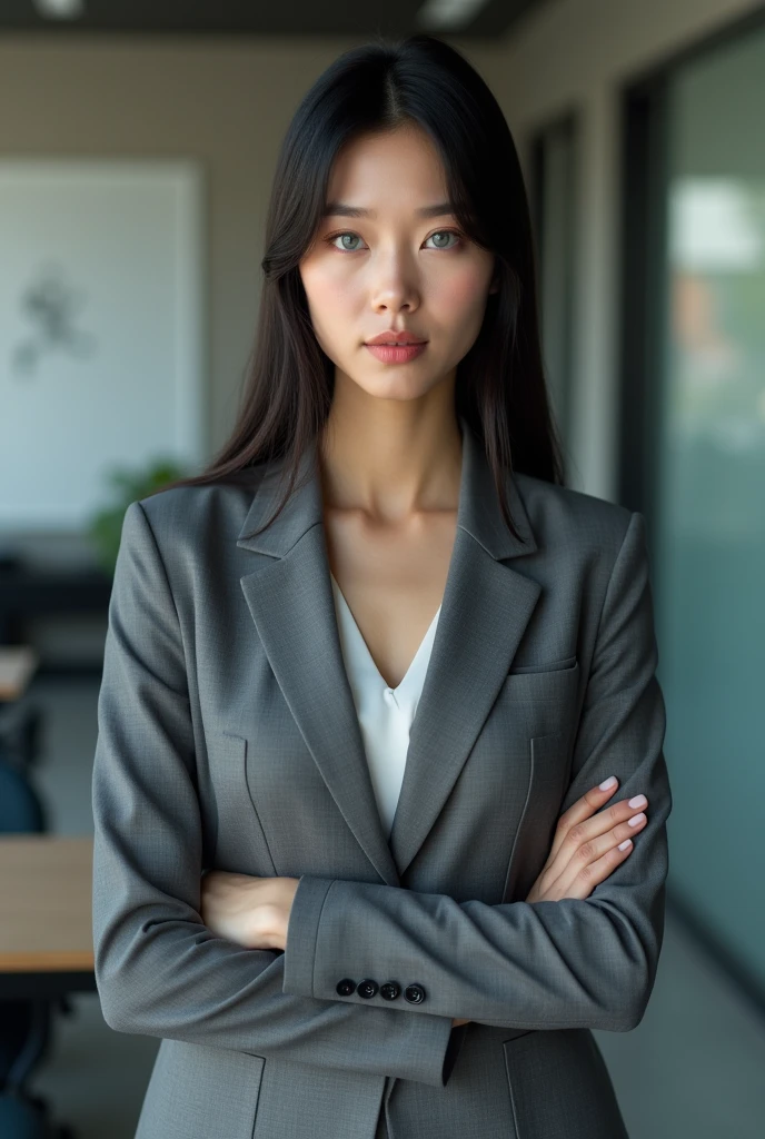 Businesswoman in gray suit. straight dark hair, blue colored eyes. not very pretty.