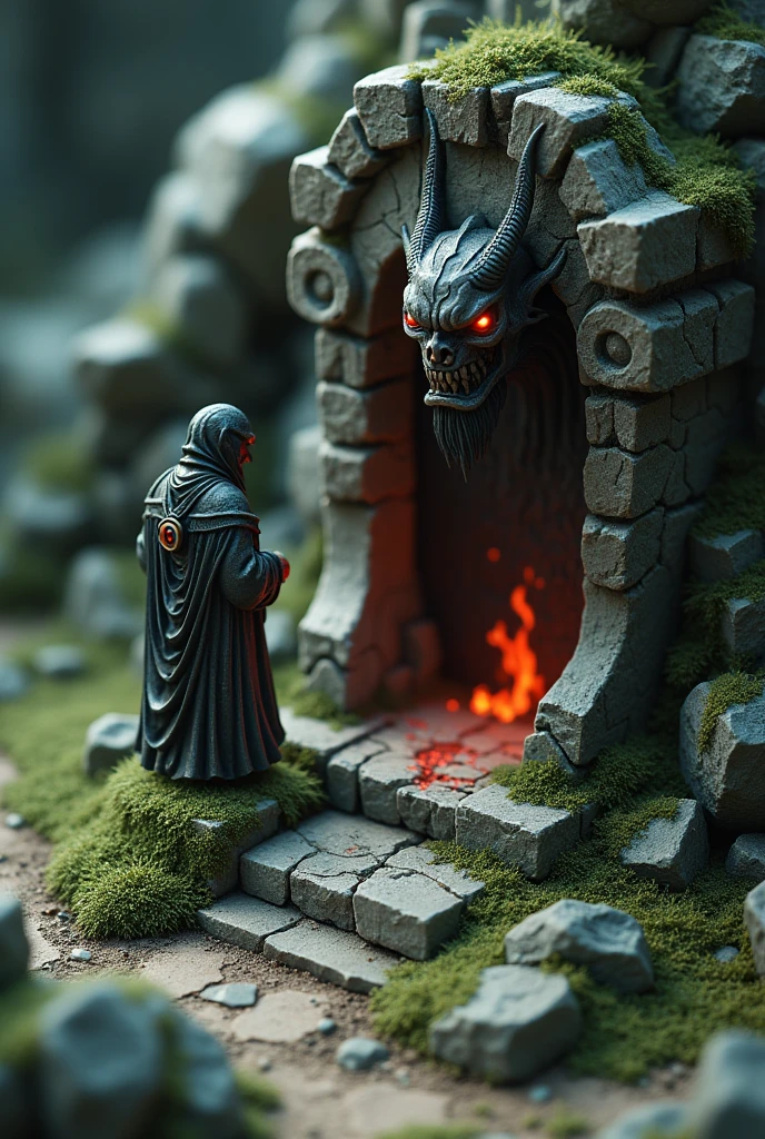 a close up of a small statue of a demon and a demon, demonic shrine, battle map prop, mythical shrine, malevolent shrine, game asset, ingame image, isometric game asset, game asset occult, game render, wartorn environment, polycount contest winner, ancient overgrown! ruins, isometric game art, isometric 3d fantasy
