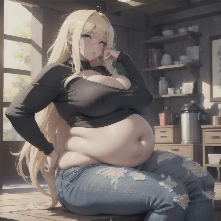best quality, high rating, 8k, high resolution, beautiful face, gorgeous, masterpiece, ((flawless)), (((high rating))), (highly detailed face), masterpiece, full resolution, highly detailed skin texture, 8k, high resolution, beautiful face, 1woman, pudgy, c.cu(artist), blushyspicy(artist), wide eyes, embarrassed, surprised, shocked, large_breasts, wide_hips, big_butt, deep navel, burping, long hair, sitting, hyper boobs, tight clothes, chubby gal, blond girl, bell bottom jeans, wide jeans, hippie clothes, (hippie)