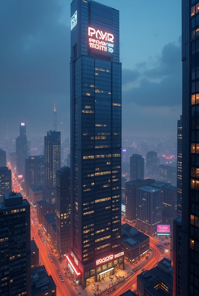 A big building in a city with the logo TREVOR ONGOM TOWER lit in night