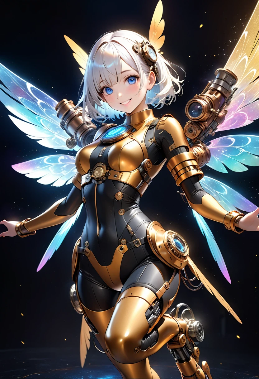 3dCG concept art.A fusion of steampunk and cyberpunk.A steampunk mechanical android girl flying with fairy wings,The girl is made entirely of machinery from the neck down.she is wearing a steampunk-style cyber suit and many steampunk mechas can be seen from the cyber suit.The cyber suit covers the entire body and is plated in dazzling gold.The girl has short white hair with some golden hair mixed in.Pretty eyes and a pretty face,Clear blue eyes,It has four fantastic wings on its back.The feathers are iridescent and have a holographic effect.Lots of light particles fly around the girl.(Highly detailed skin), (realistic skin),Breathtakingly beautiful eyes, I feel like I'm being drawn into them.(A girl flies around with a smile in a space where cyberspace and steampunk coexist:1.2). Girls are free.(Dynamic pose with girl smiling and flying towards the camera:1.5),Cowboy Shot,The realistic depiction and gloss of steampunk machines,The realistic texture of the steam coming out of your body,The breathtaking, magical sparkle and holographic effects of the feathers,High quality, high definition, (masterpiece, best quality, 4k, 8k:1.5), ultra detail,Ultra-fine painting, physically based rendering, cinematic lighting, sharp focus,Professional photo resolution, award-winning,