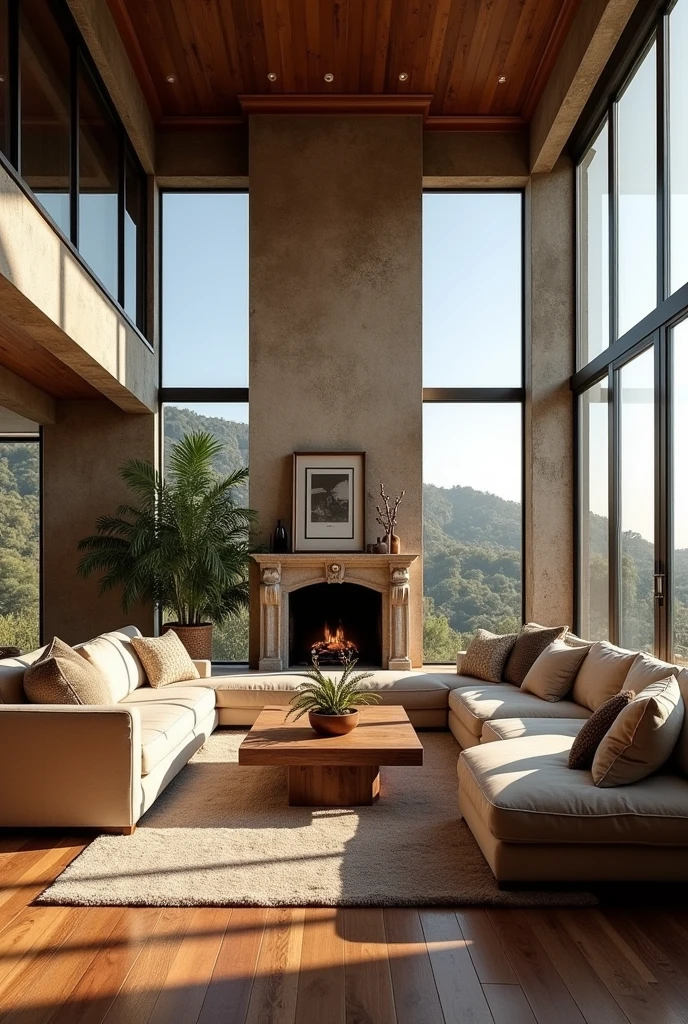Living room with dining area, approximately 6 meters by 7 meters, with a window from side to side on the back wall with a view of the eastern hills of Bogotá, and an old fireplace in the middle of the wall perpendicular to the window