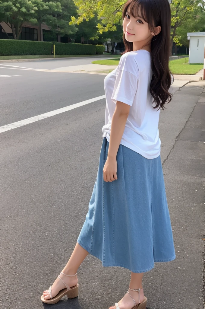 The best texture, high quality, Ultra HD, 8k, whole bodyphotograph, Realistic, Very detailed, Attention to detail, Ultra Clear,Japanese　One person　alone　semi-long　Wave　cute　photograph　Real　front　Whitening　older sister　looking at the camera　Small face　Adult-like　summer　Beautiful feet　whole body　Hiyori Sakurada　I wore mules　Ultra high definition　Long skirt　T-Shirts　mature　Looking back